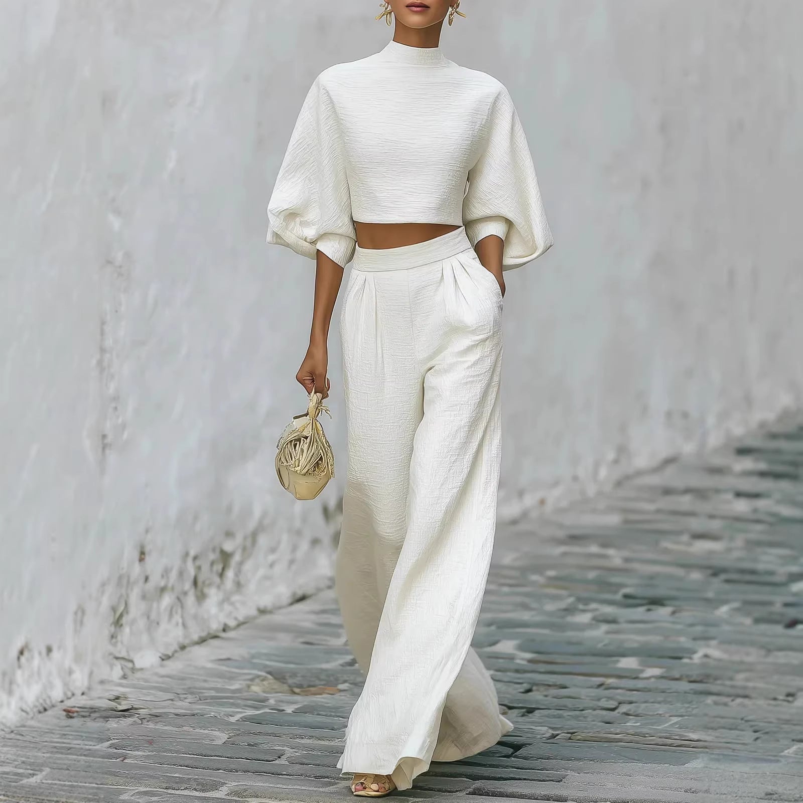 Womens Short Top And High-Waisted Casual Pants Two-Piece Set 