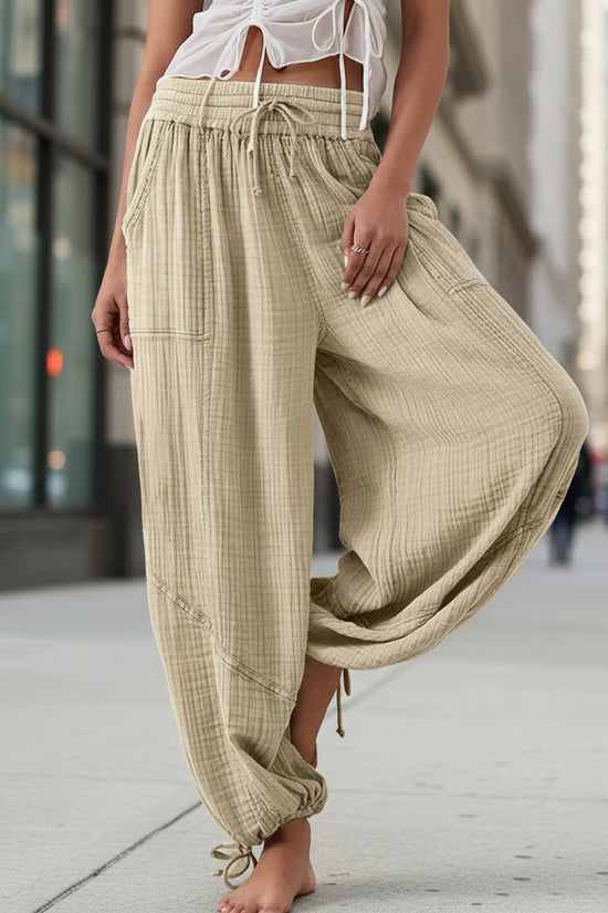 Fashionable Solid-Colored Wide-Leg Pants With Ties And Pockets Long Pants 