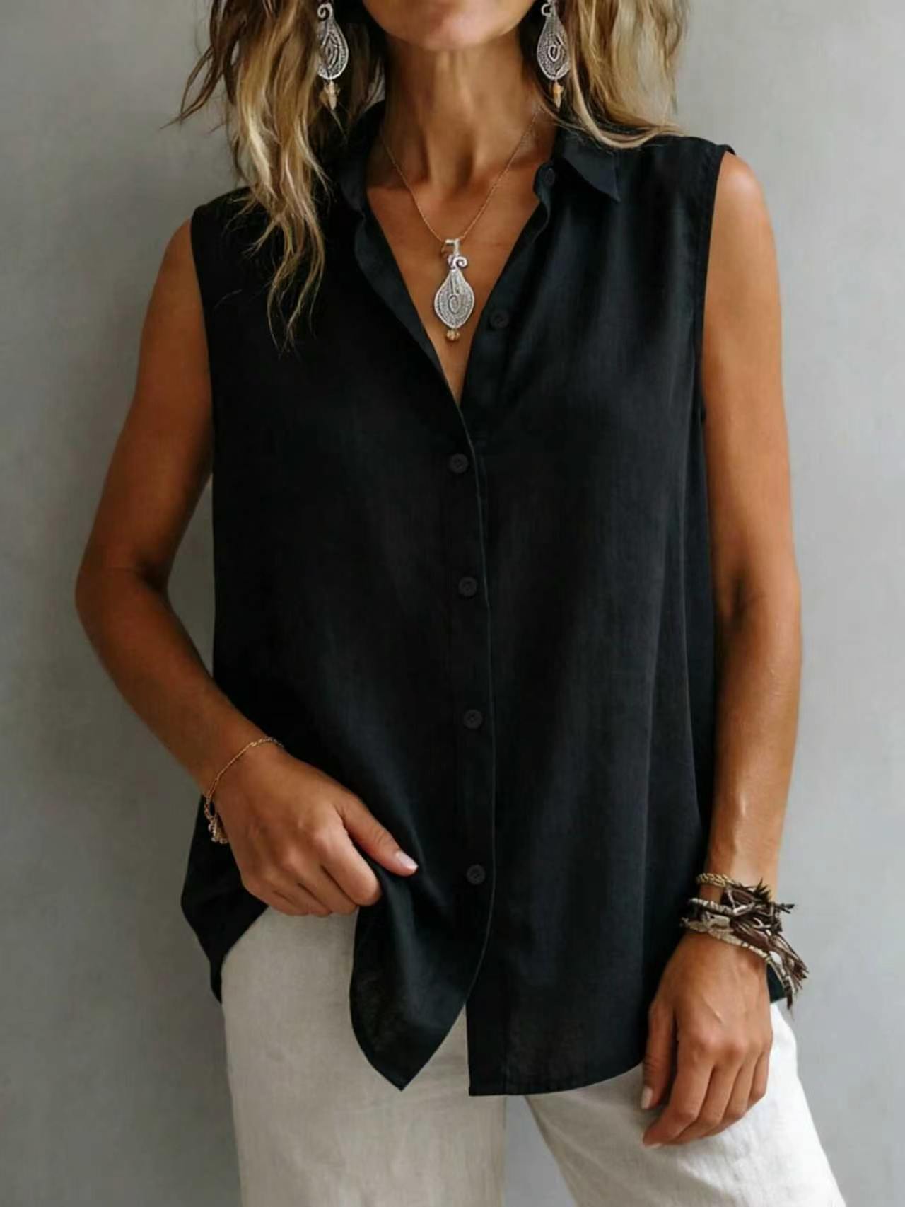 Women's Solid Color Casual Lapel Sleeveless Shirt 