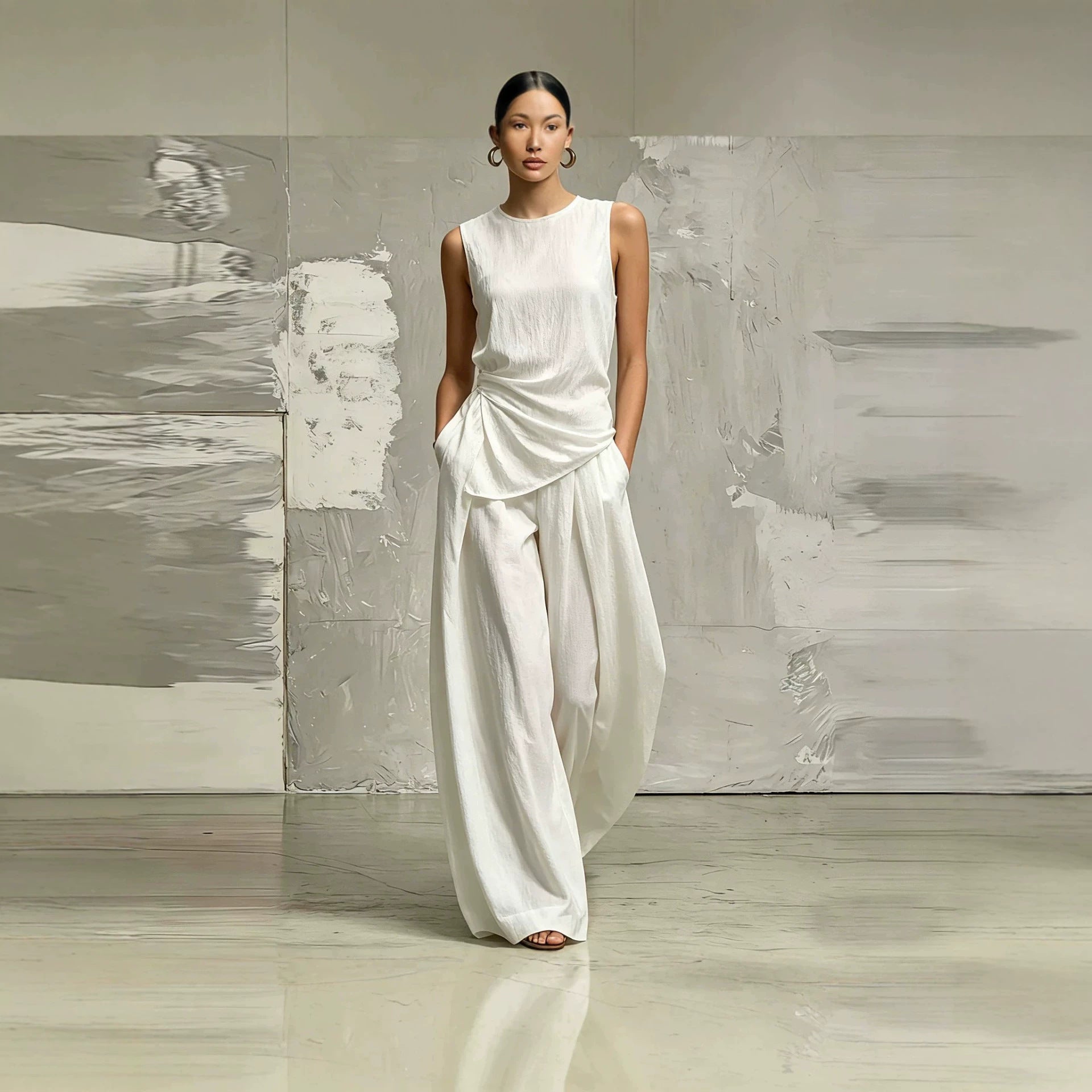 Womens Round-Neck Loose Sleeveless Top And High-Waist Pants Two-Piece Set 
