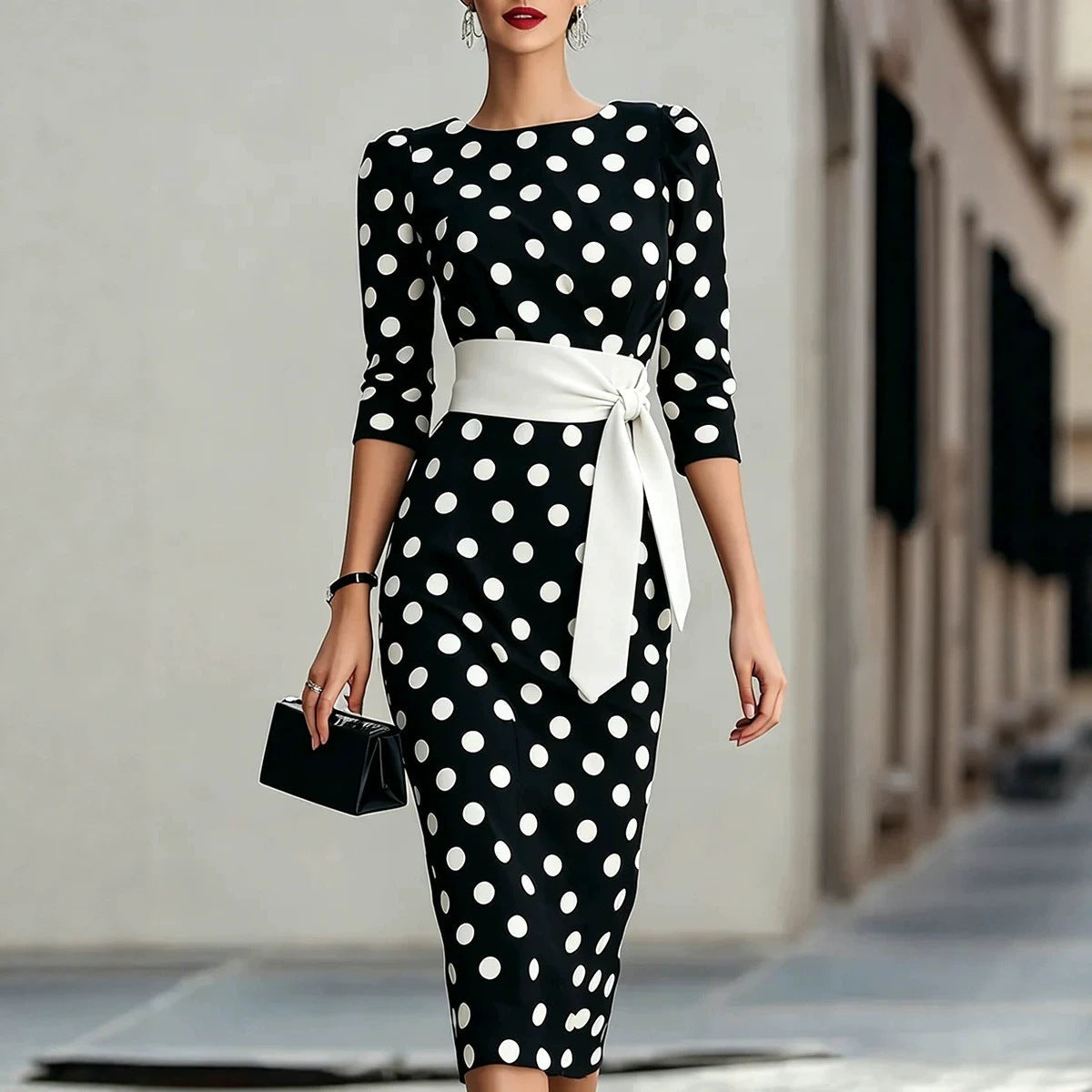 Retro Polka-dot Navy Blue Belted Waist-hugging Elegant Dress 