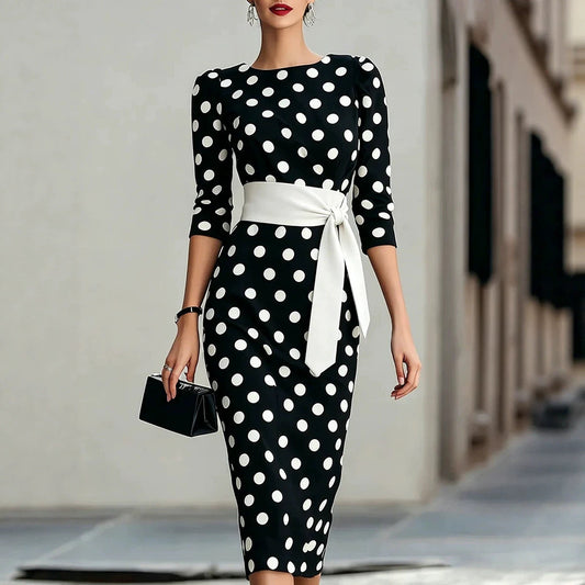 Retro Polka-dot Navy Blue Belted Waist-hugging Elegant Dress 