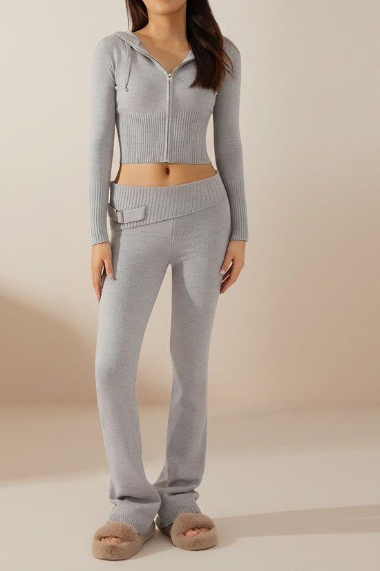 Women’s Knitted Hooded Two-Piece Set – Cardigan & High-Waisted Pants Suit - FitiqueFit