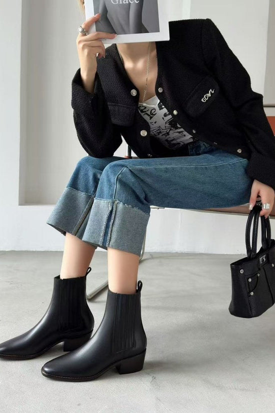 Mid-heel Chunky-heel Retro Square-toe Matte Leather Womens Boots 