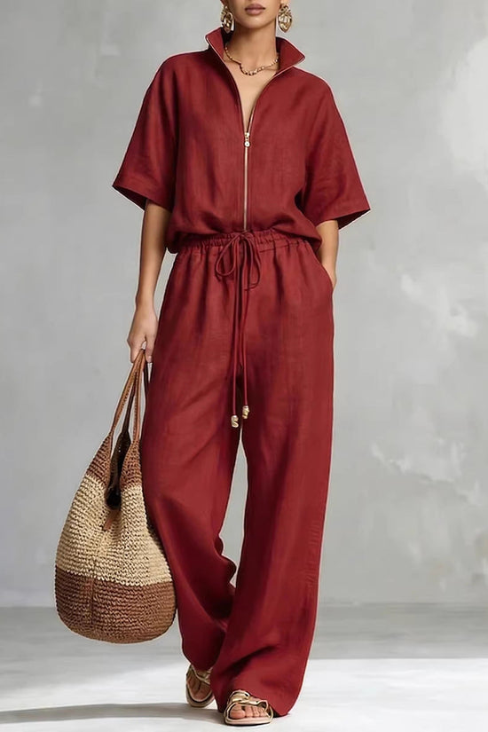 Womens Casual Loose Solid-Color Zip-Up Crew-Neck Wide-Leg Pants Set 