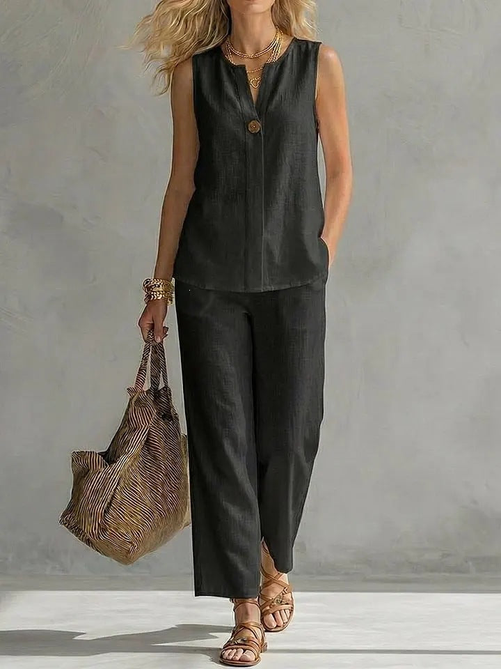 Casual Womens Sleeveless V-Neck Top Set 