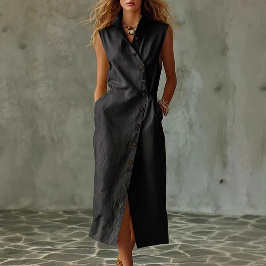 Slim-fit Elegant Single-breasted Dress With A Stand-up Collar For Women 