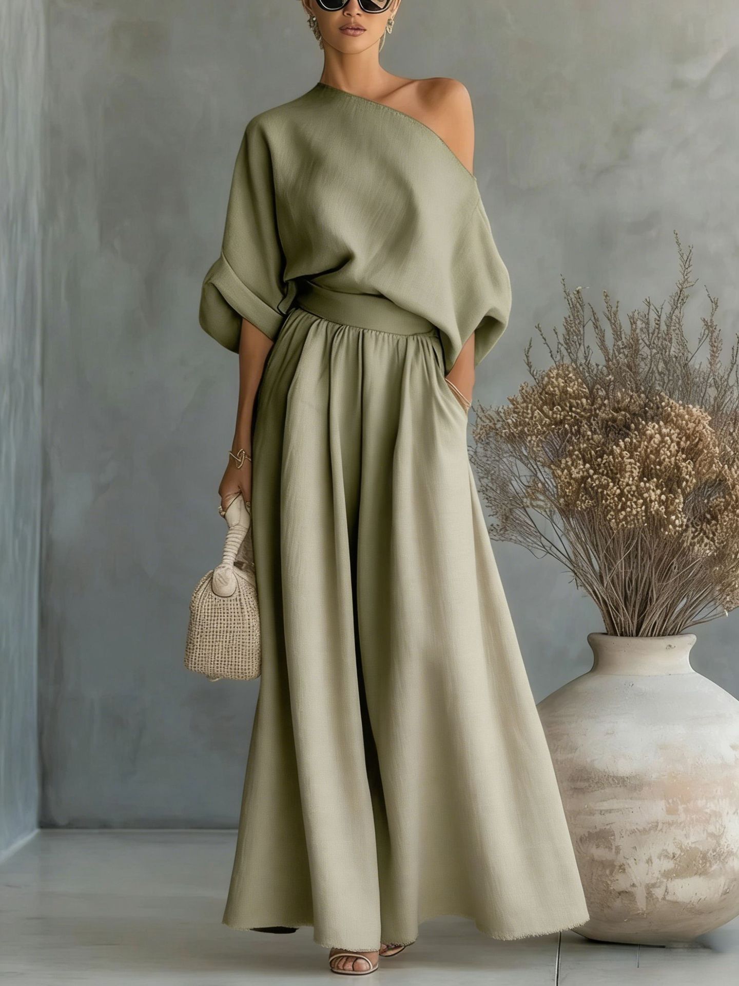Cropped Off-shoulder Top And Pants Two-piece Set 