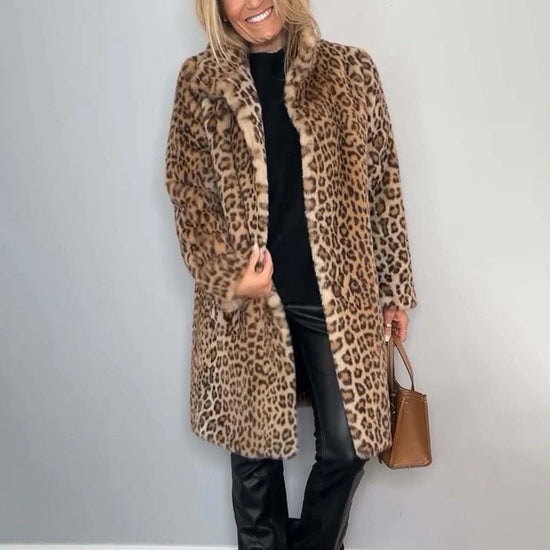 Women's Leopard Print Plush Jacket, Cozy Loose-Fit Warm Coat Elegant Medium-Length Fall Winter Outwear CJ US