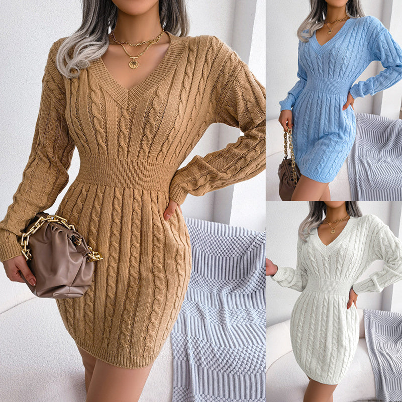Women's 2025 Fall Winter V-Neck Bodycon Mini Sweater Dress Long Sleeve Pullover Knit Dress Casual & Sexy Tight Fit CJ US