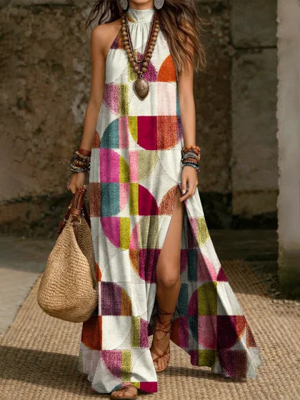 Loose-fit Printed Halterneck Split Dress 