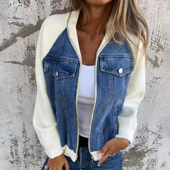 Women's Denim Patchwork Zip-Up Jacket Stand Collar Casual Coat With Button-Decorated Flap Pockets Fall Winter Fashion Outerwear CJ US
