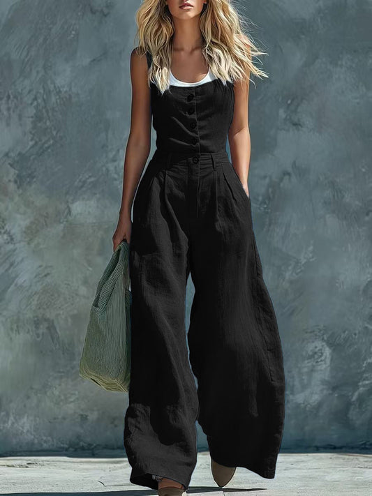 2026 European And American Cross-border Foreign Trade New Style Retro Button Front Opening High Waist Wide Leg Jumpsuit 