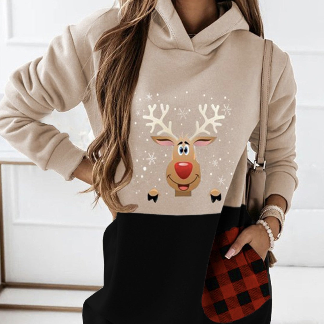 Ladies' Fashionable New Christmas Deer Checkered Printed Color Blocked Hooded Sweatshirt Dress CJ US