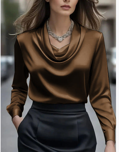 Elegant Solid-Color Minimalist Boat-Neck Long-Sleeve Shirt For Women 