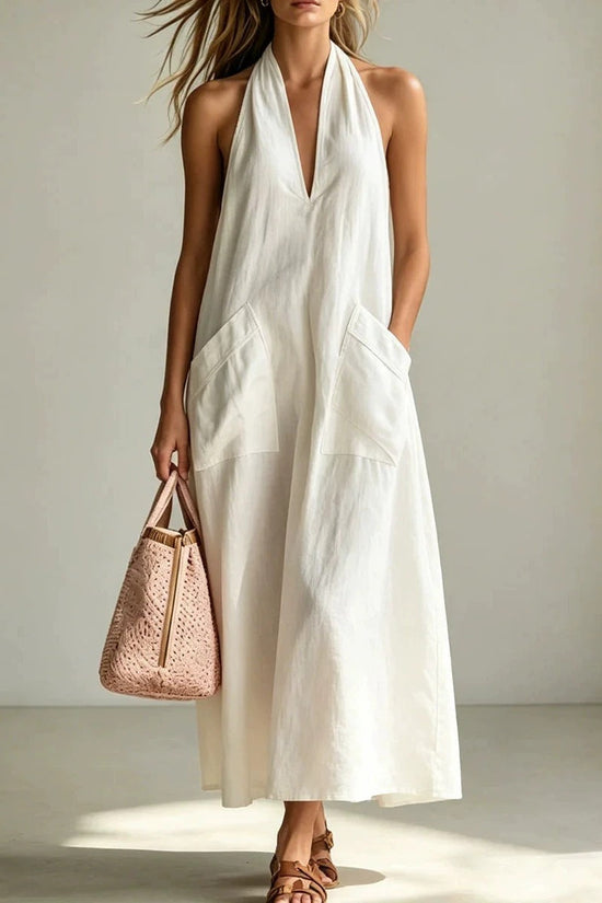 Cotton Halterneck Sleeveless Deep V-Neck Loose Straight-Line Dress 