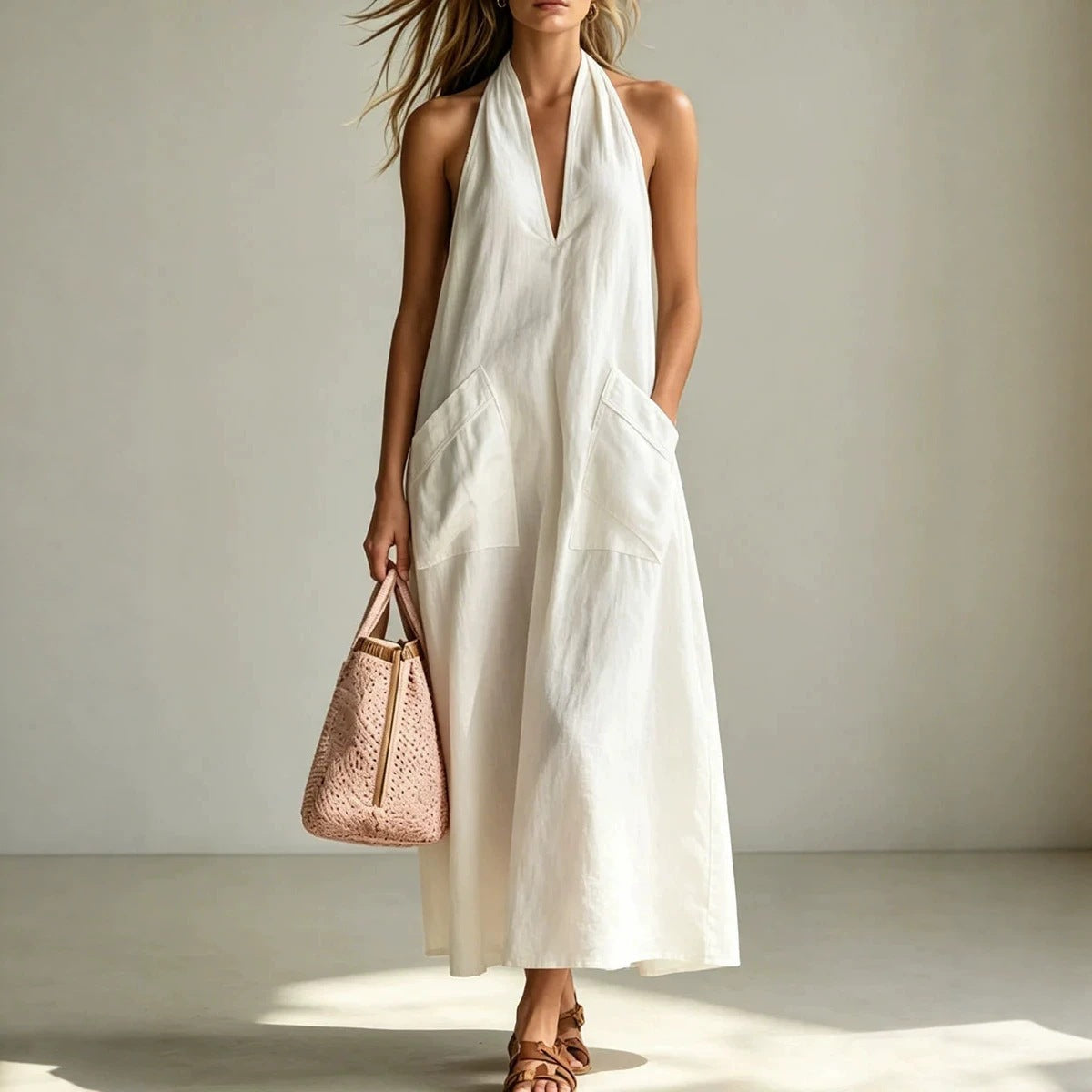 Cotton Halterneck Sleeveless Deep V-Neck Loose Straight-Line Dress 