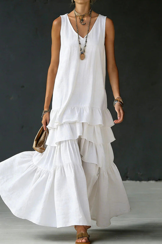 Solid-color Womens Loose-fitting Full-skirted Sleeveless Dress 