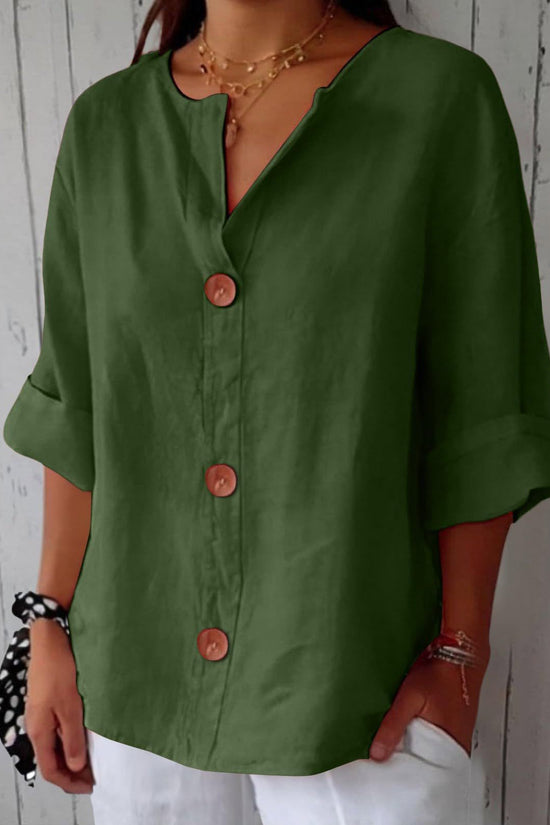 Women's V-neck cotton and linen buttoned blouse 