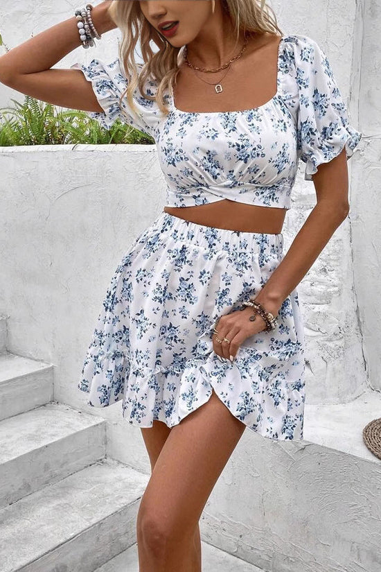 French-style Floral Print Dress Vacation-style Set Short Skirt 