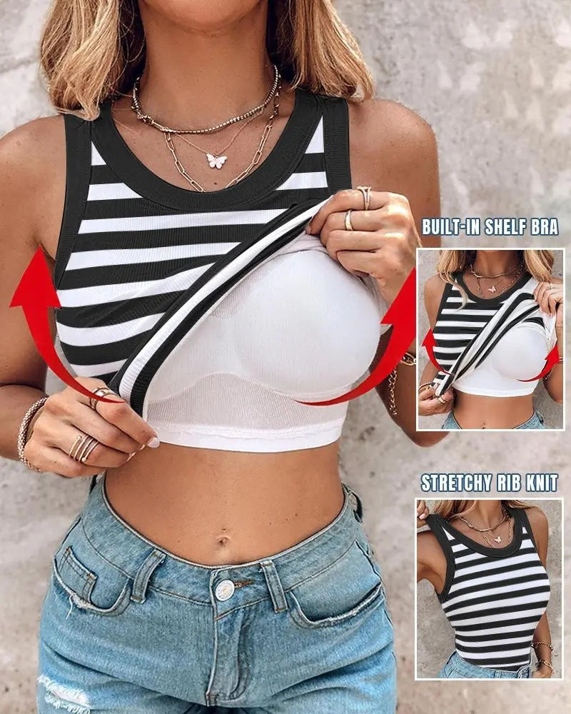 Slim Striped Vest With Bralette Ins Fashion Round Neck Sleeveless Tank Tops For Women Clothing FitiqueFit