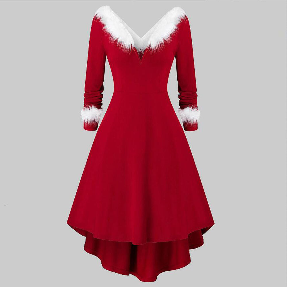 Christmas Women's Fur Patchwork V-neck Long Sleeved Dress CJ