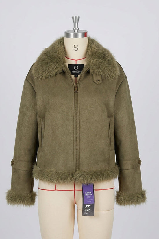 Women's Suede-Look Cropped Biker Jacket with Fluffy Trim 