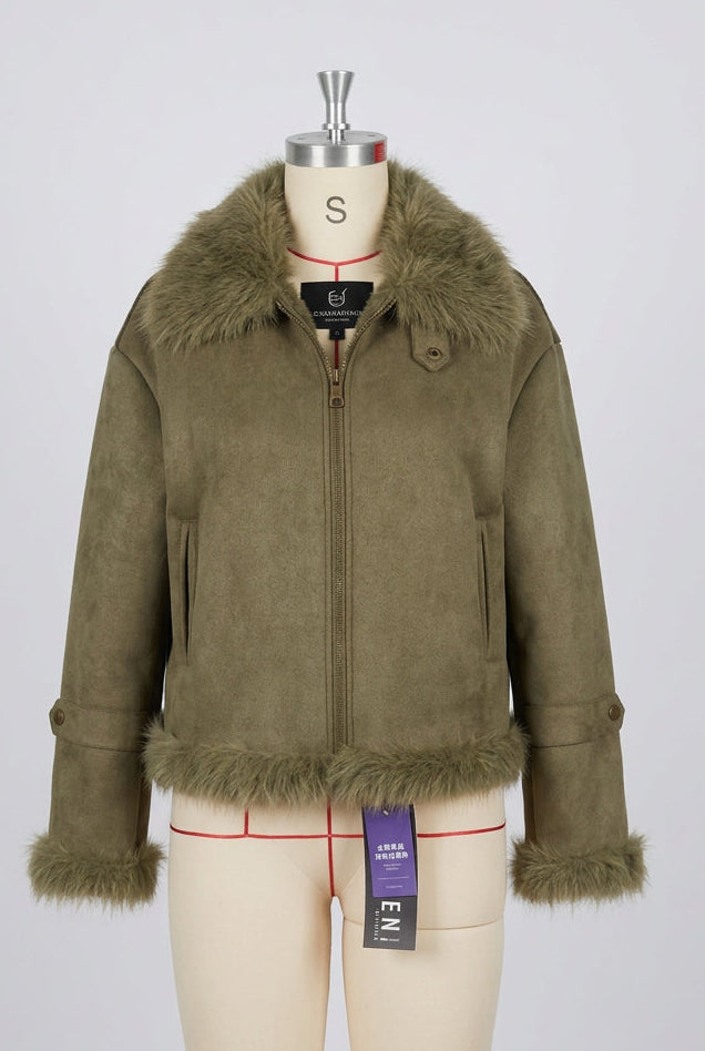 Women's Suede-Look Cropped Biker Jacket with Fluffy Trim 