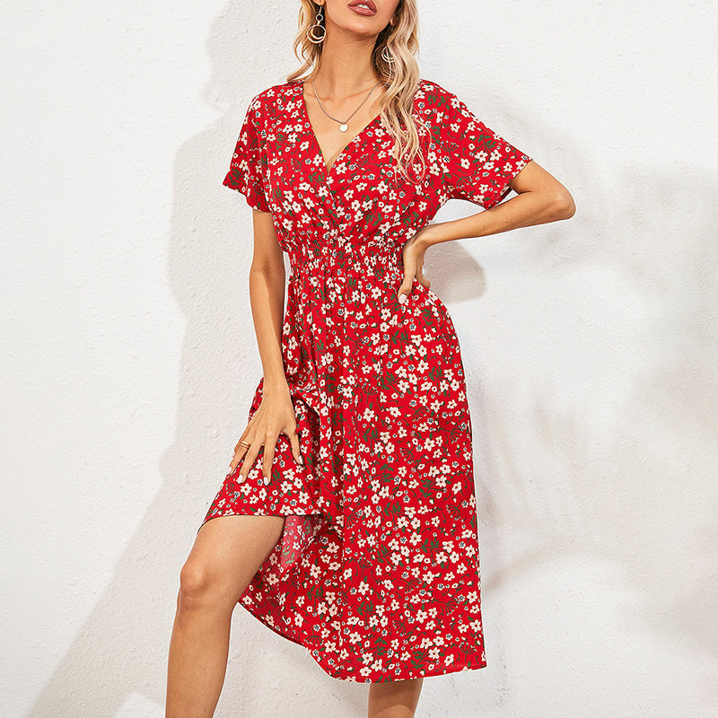 Women's V-Neck Floral Print Dress - A-Line Waisted Summer Maxi Dress CJ US