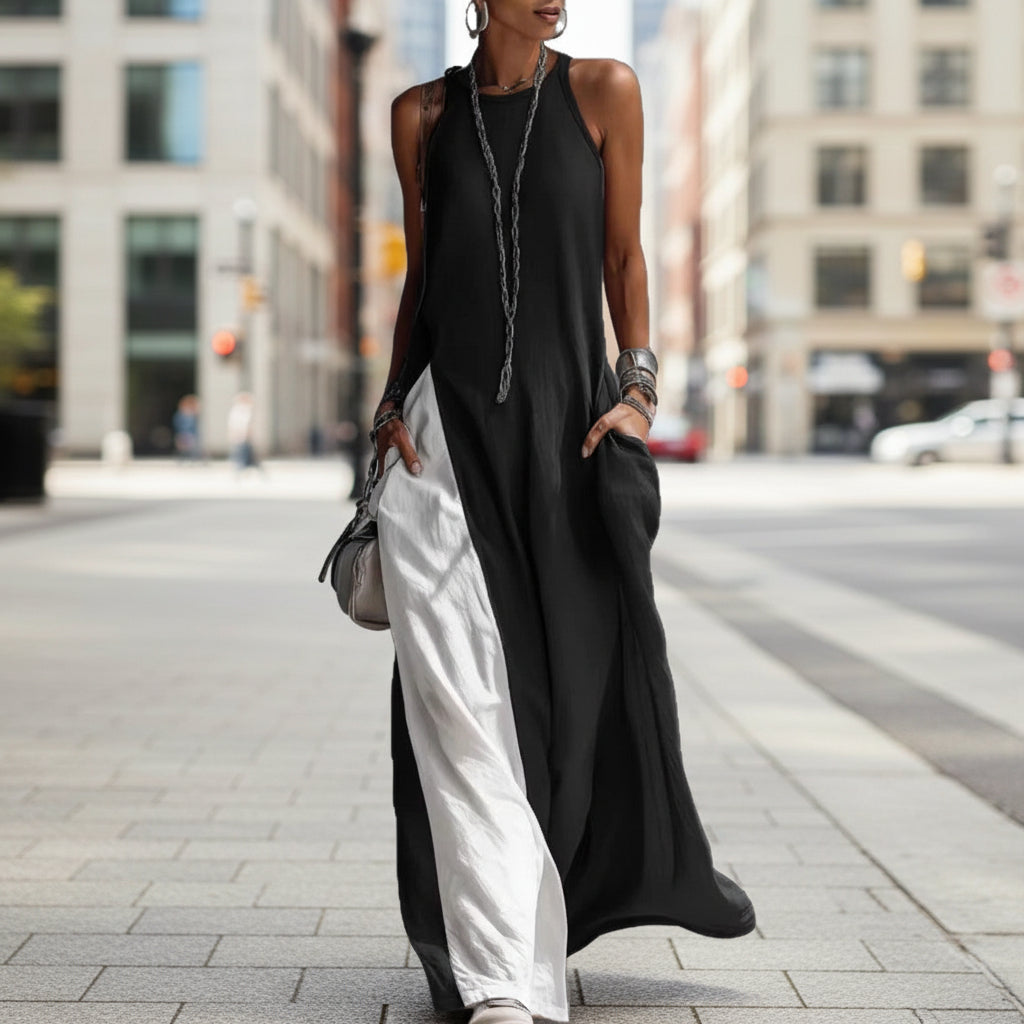 Sleeveless Loose Contrast Color Casual Off Shoulder Dress With Pockets 