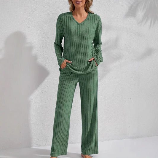 Ribbed Long-Sleeve Top And Pants Casual Comfortable Womens Loungewear Set 