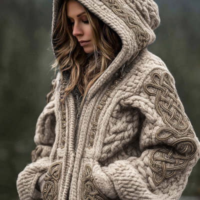 Womens Fashionable Printed Hooded Zip-Up Cardigan Sweater 