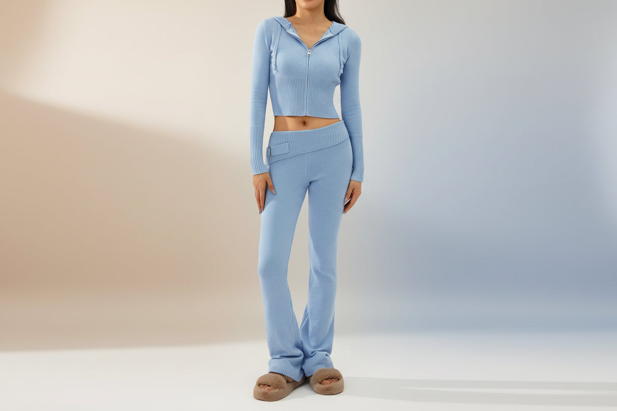 Women’s Knitted Hooded Two-Piece Set – Cardigan & High-Waisted Pants Suit - FitiqueFit