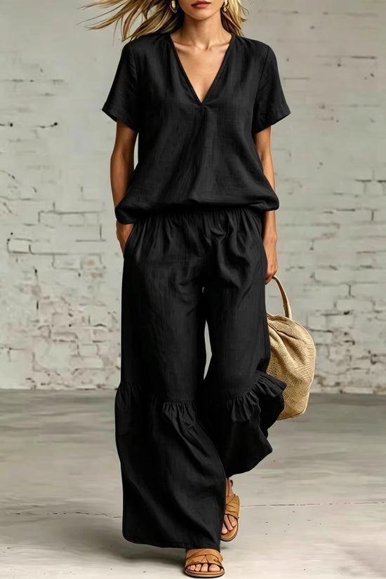 Womens Casual Solid Color V-Neck Loose Short-Sleeve Pants Set 
