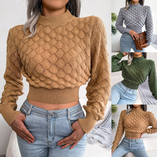 Autumn And Winter 3D Diamond Long-Sleeve Cropped Knit Sweater CJ US