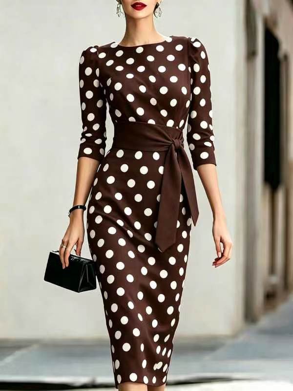 Retro Polka-dot Navy Blue Belted Waist-hugging Elegant Dress 