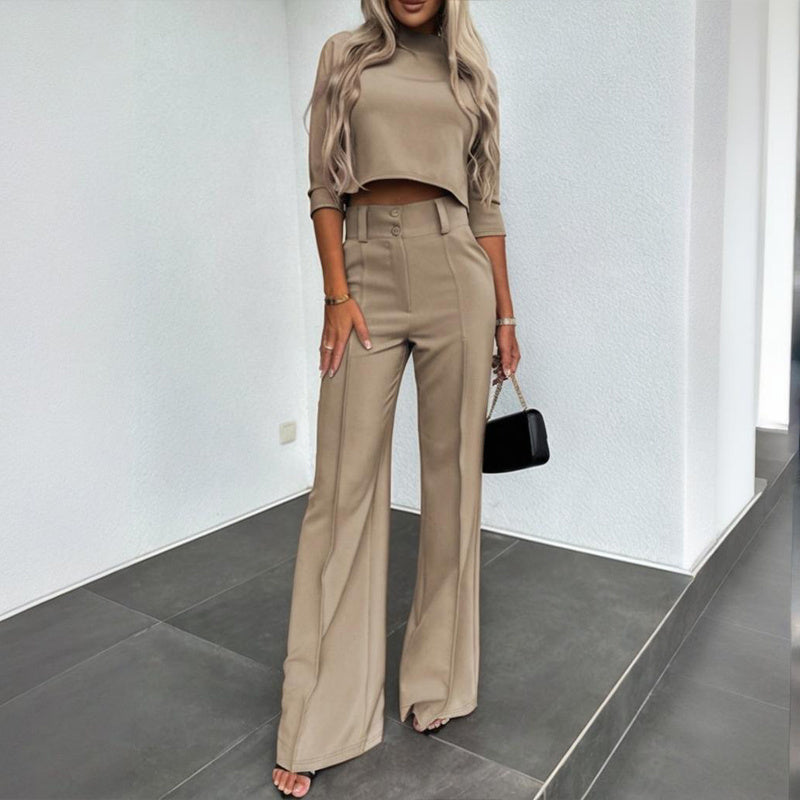 Women's Elegant Solid Color Half Sleeve Short Top With Straight Leg Pants Two-Piece Office Wear Suit With Pockets CJ US