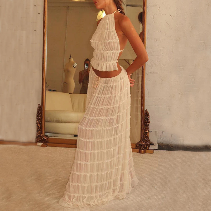 2pcs Women's Dress Suit Sexy Sleeveless Backless Cropped Halter Top And Pleated Long Skirt Beach Clothing FitiqueFit