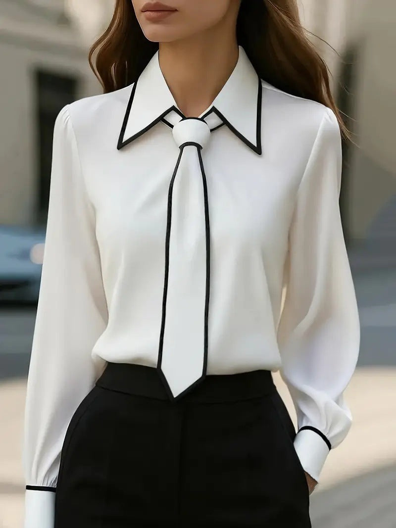 Autumn Fashion Solid Color Commute Tie Design Long Sleeve Shirt Women's Clothing 