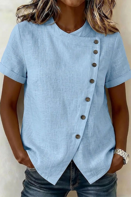 New Solid-Color Cross-Neckline Short-Sleeve Loose Cotton-Linen Asymmetrical Top 