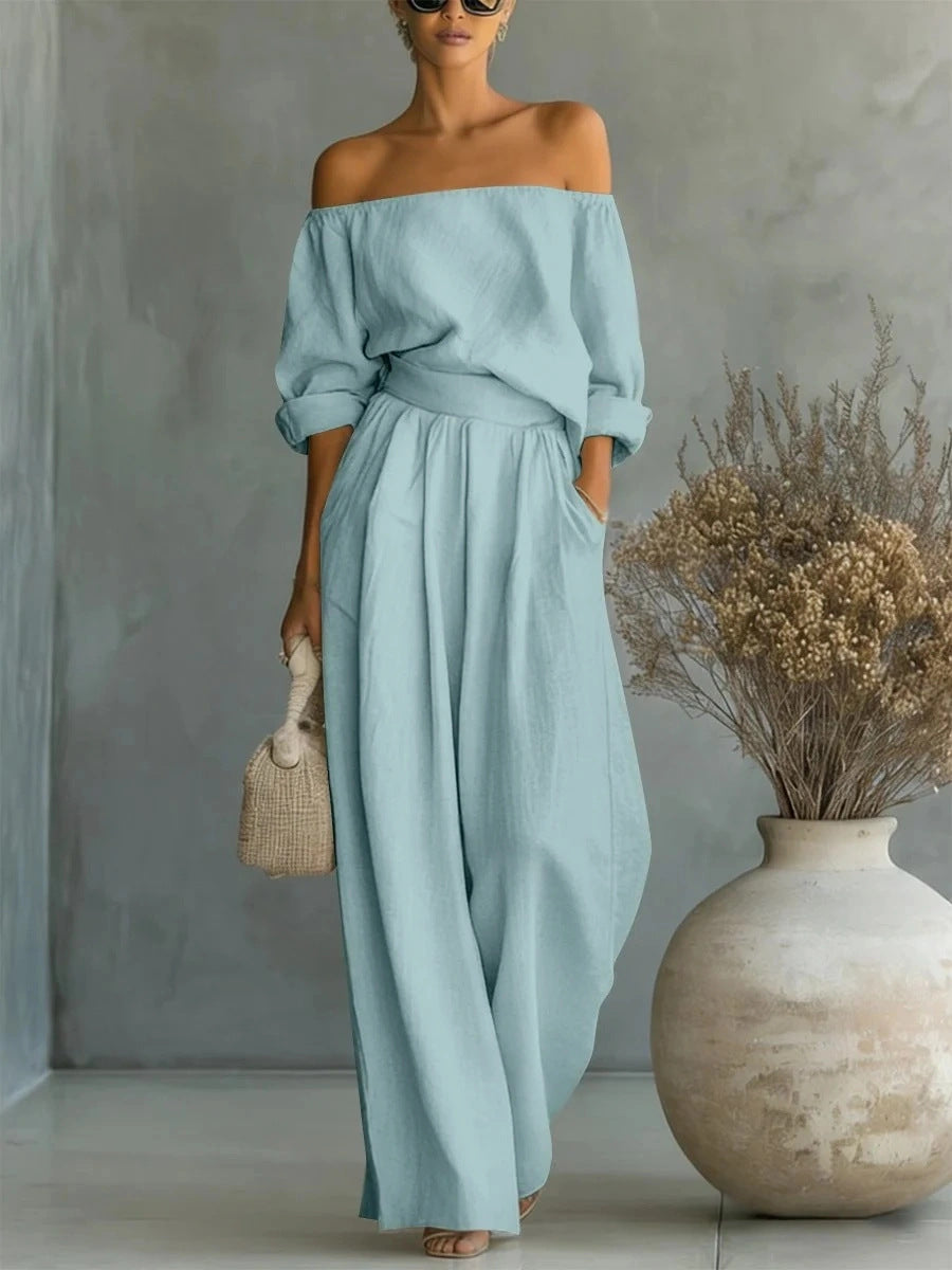 Casual Two-Piece Womens Outfit Off-Shoulder Top And Wide-Leg Pants Set 