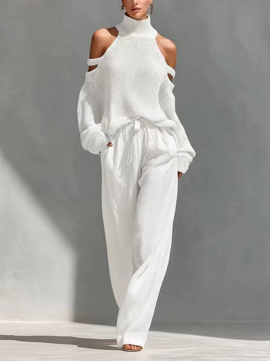 Womens Long-Sleeve Turtleneck Top And Pants Two-Piece Set 