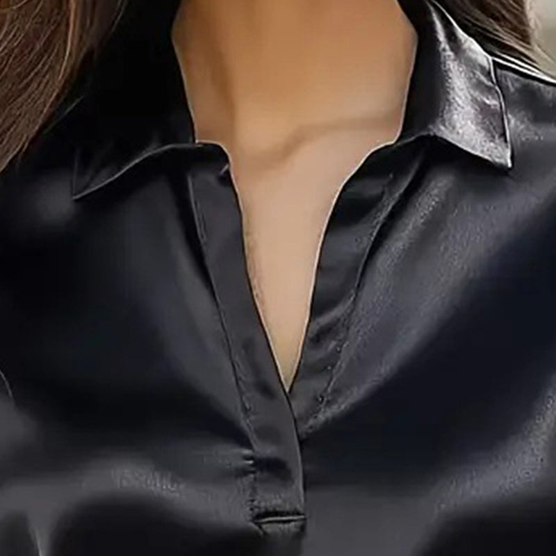 Women's Elegant Long Sleeve V-Neck Solid Color Relaxed Fit Solid Shirt, Business Casual Office Blouse For Fall 