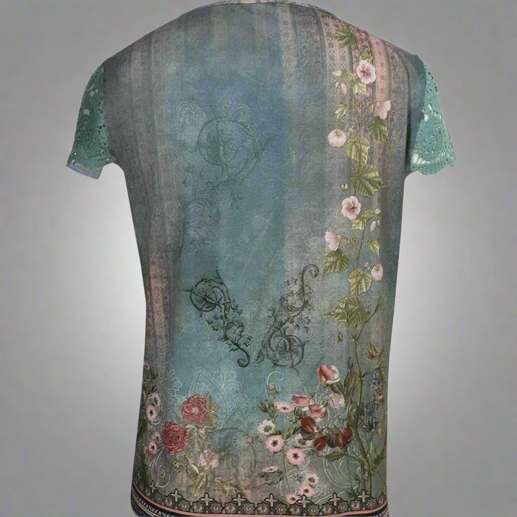 Ladies' Floral Print Fashionable Versatile Lace Patchwork Sleeves Elegant Style Short Sleeved Shirt Top CJ