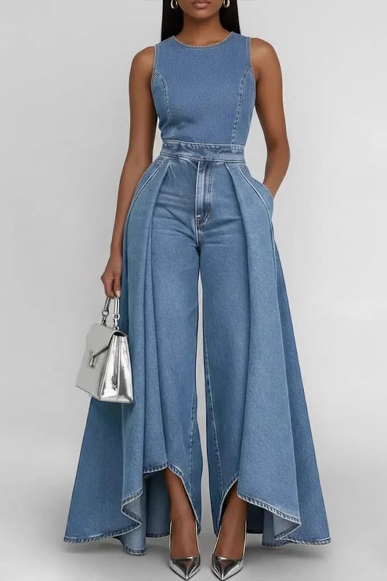 Crew-neck Sleeveless Casual Loose-fit Wide-leg Denim Jumpsuit 