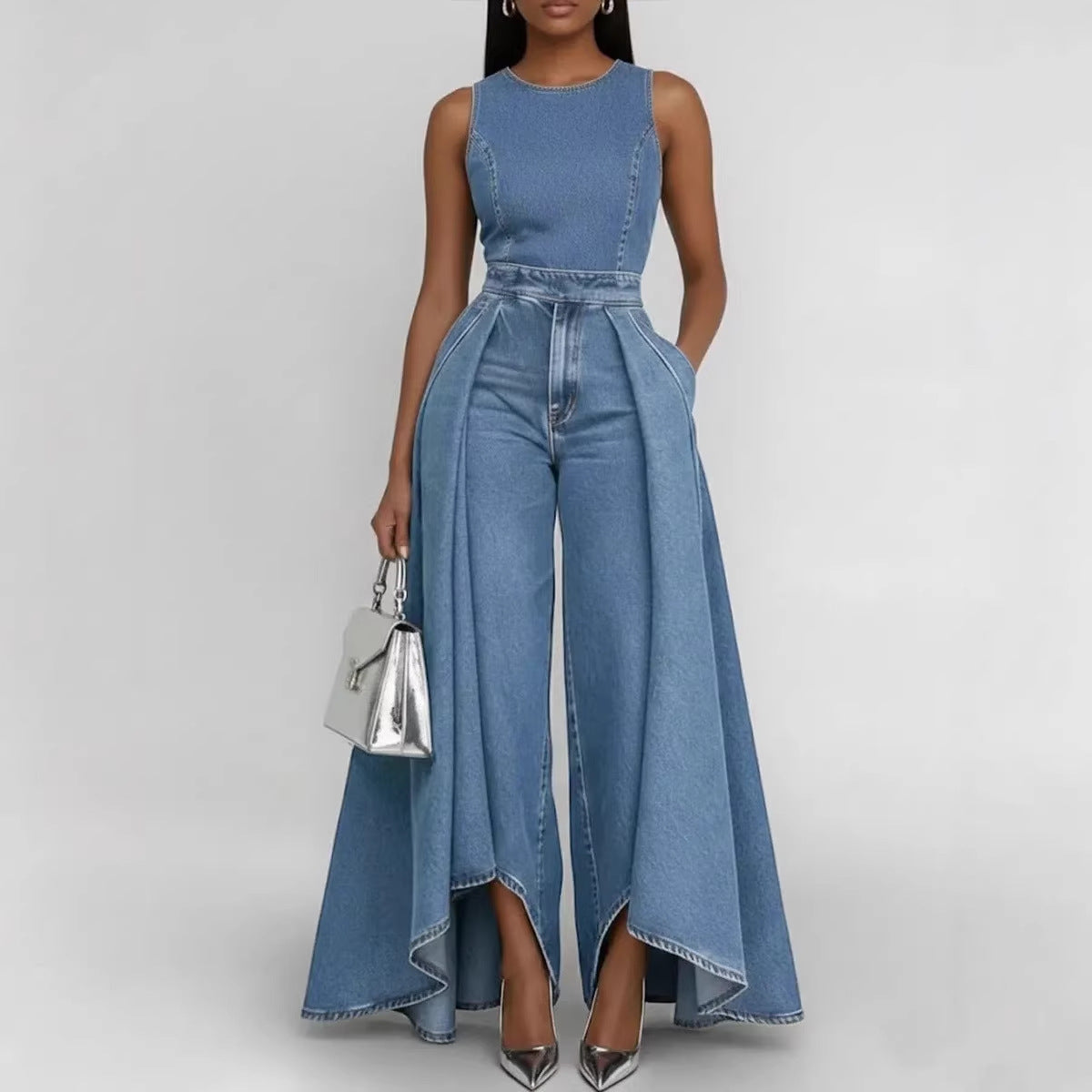 Crew-neck Sleeveless Casual Loose-fit Wide-leg Denim Jumpsuit 
