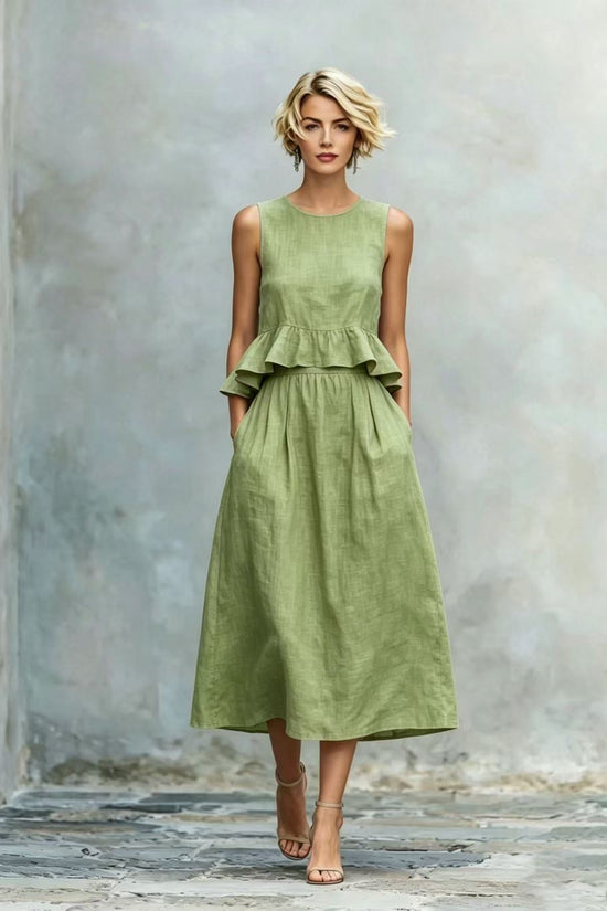 Sleeveless Crew-Neck High-Waisted Ruffle-Trim Resort-Style Dress 