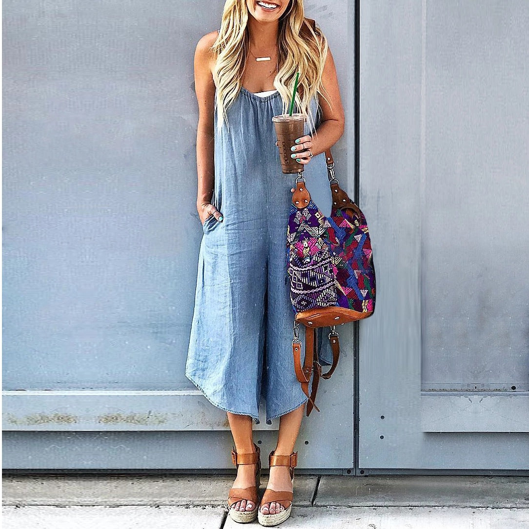 Women’s Crew Neck Sleeveless Wide-Leg Denim Jumpsuit 