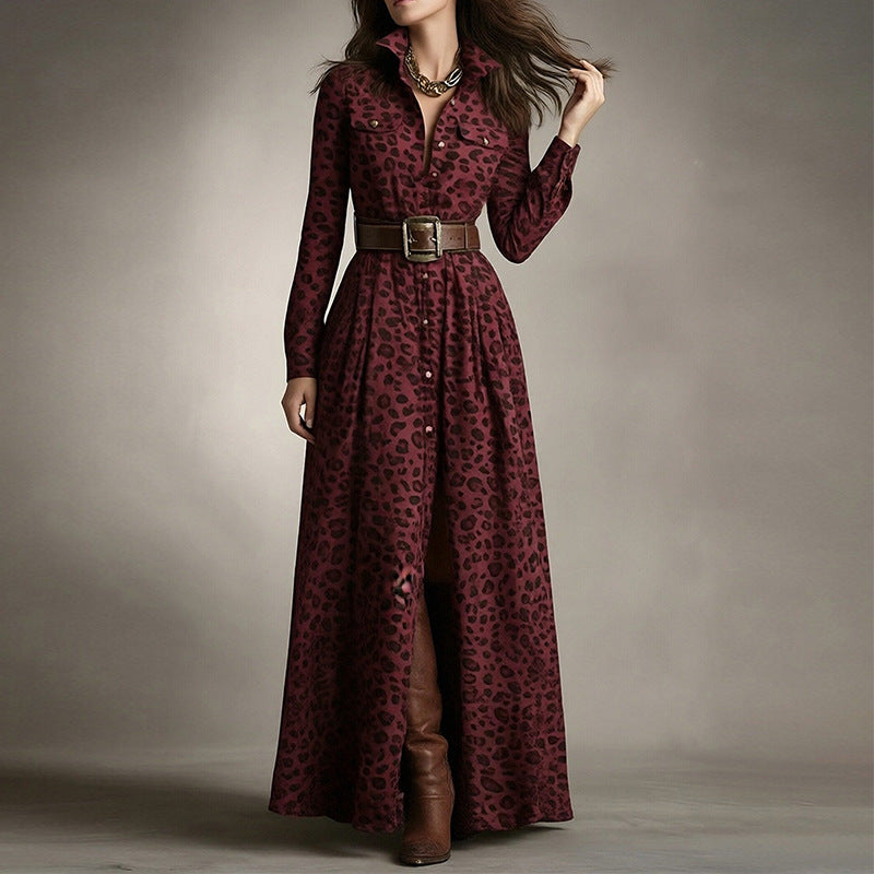 Elegant Commuter Printed Lapel Slim-Fit Dress 