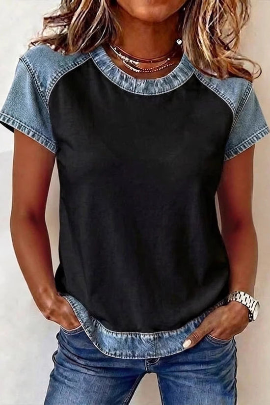 Retro Denim Patchwork Short-sleeve With Creative Elements 